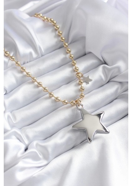 Bfs Pirinç Gold Renk Topçuk Zincir Gümüş 3D Yıldız Model Yıldız Detay Vip Kadın Kolye fiyatları