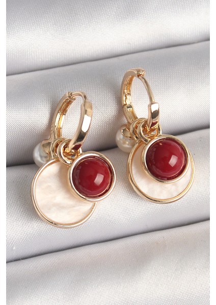 Bfs Pirinç Gold Renk Sallantı Beyaz Mineli Bordo Detay Kadın Küpe