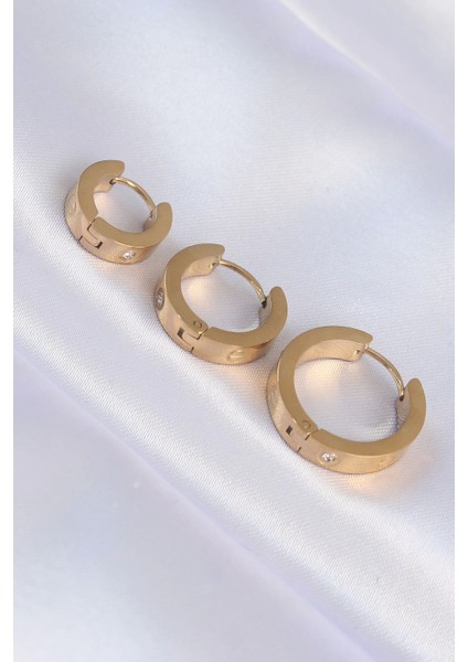 Bfs 316L Çelik Gold Renk Zirkon Taşlı Model 3lü Halka Küpe