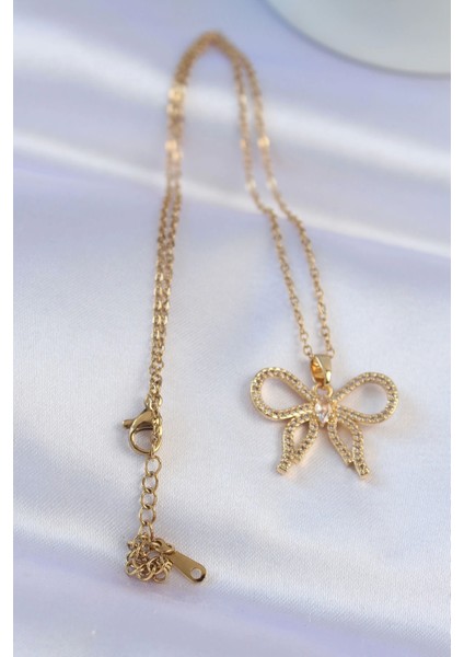 Bfs 316L Çelik Zincir Gold Renk Zirkon Taşlı Fiyonk Kolye fiyatları