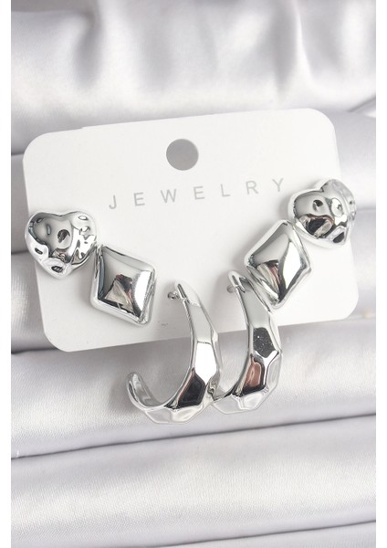 Bfs Gümüş Renk Kalp Halka Figür Ccb Plastik Kadın Küpe Seti