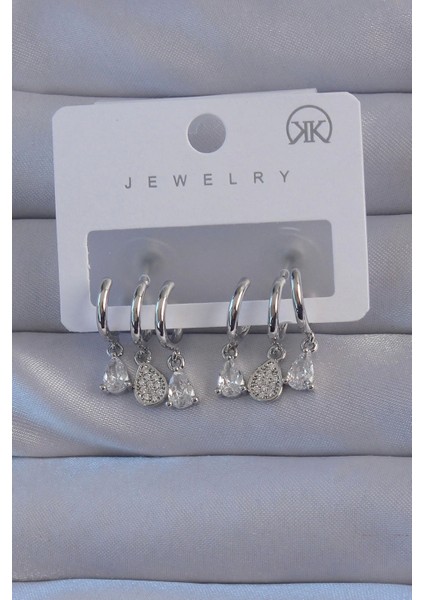 Bfs Pirinç Gümüş Renk Zirkon Taşlı Damla Model Çoklu Görünüm Yarım Halka Küpe