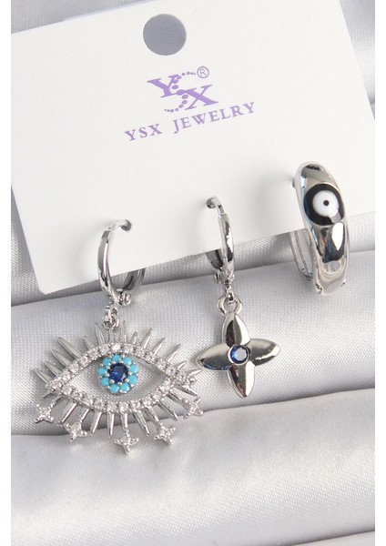 Bfs Pirinç Gümüş Renk Zirkon Taşlı Göz Model Nazar Boncuk Detay 3'lü Kadın Kombin Küpe