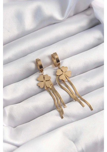 Bfs 316L Çelik Altın Renk Italyan Zincirli Yonca Model Halka Küpe fiyatları