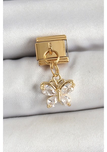 Bfs 316L Çelik Sallantılı Zirkon Taşlı Kelebek Model Gold Renk Nomination Charm