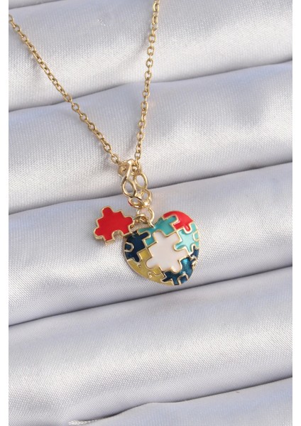 Bfs 316L Çelik Gold Renk Yapboz Motif Kalp Figür Charm Model Kadın Kolye