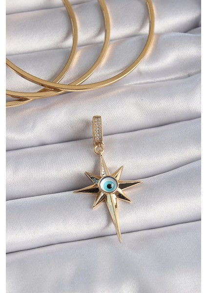 Bfs Pirinç Gold Renk Zirkon Taşlı Kutup Yıldızı Nazar Boncuk Detay Ajda Charm