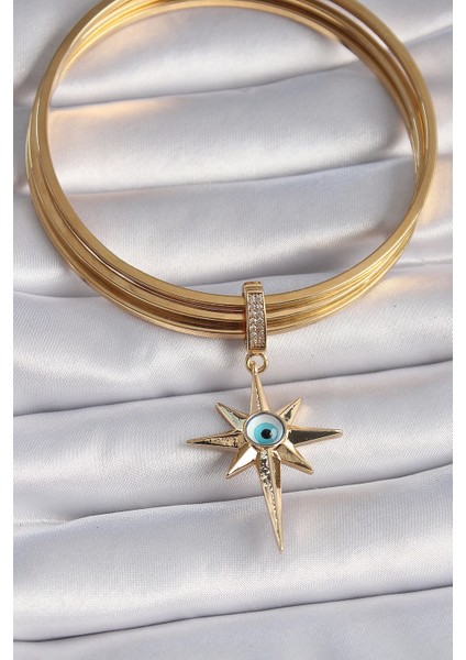 Bfs Pirinç Gold Renk Zirkon Taşlı Kutup Yıldızı Nazar Boncuk Detay Ajda Charm fiyatları