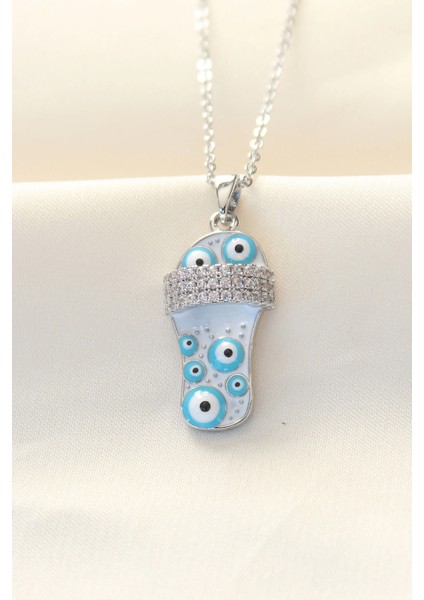 Bfs 316L Zinciri Çelik Zirkon Taşlı Gümüş Renk Nazar Boncuklu Terlik Kolye