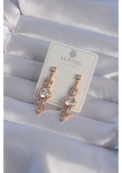 Bfs Xuping Rose Renk Zirkon Taşlı Geometrik Sallantılı Küpe