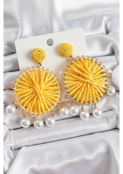 Bfs Sarı Hasır Örgü Sarmal Model Sallantılı Inci Detaylı Gold Renk Kadın Küpe