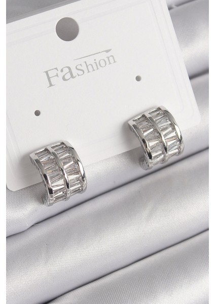 Bfs Pirinç Gümüş Renk Çift Sıra Zirkon Taşlı Kadın Küpe