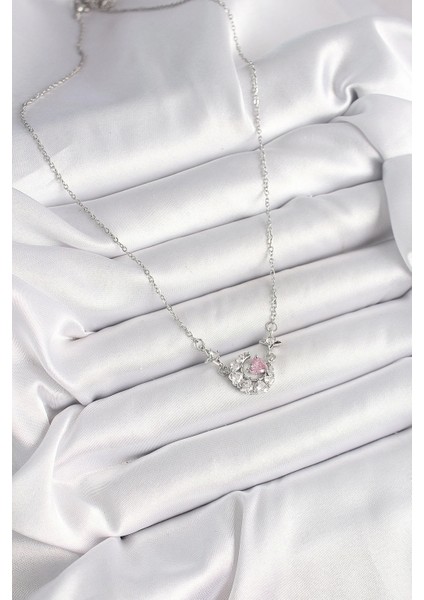 Bfs 316L Çelik Gümüş Renk Zirkon Taşlı Hilal Pembe Kalp Model Kadın Kolye fiyatları