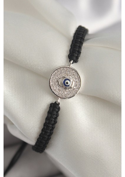 Bfs Pirinç Gümüş Renk Zirkon Taşlı Nazar Boncuk Işleme Makrome Asansörlü Model Kadın Bile