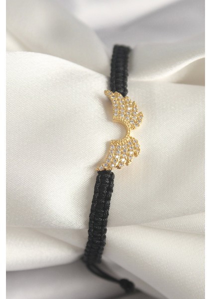 Bfs Pirinç Gold Renk Zirkon Taşlı Kanat Figür Asansörlü Makrome Model Kadın Bileklik