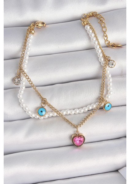 Bfs 316L Çelik Gold Renk 2'li Incili Zincir Sallantı Pembe Kalp Model Nazar Boncuk Detay Kadın B