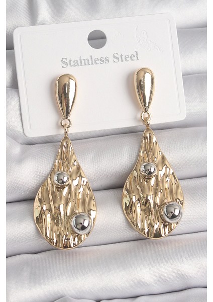 Bfs Pirinç Gold Renk Sallantı Damla Model Gümüş Top Detay Kadın Küpe