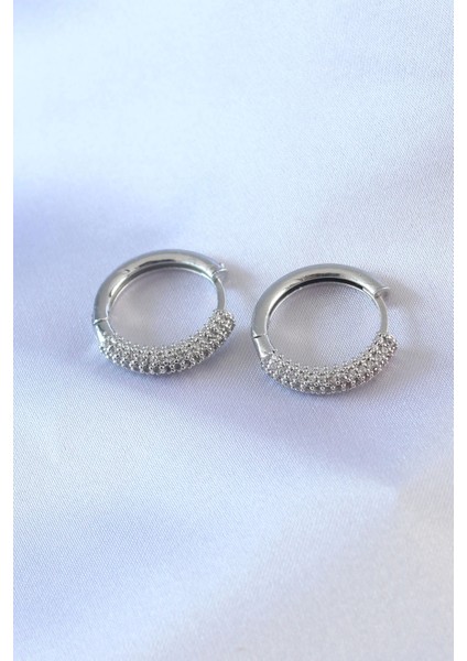 Bfs Gümüş Renk Zirkon Taşlı Halka Model Pirinç Kadın Küpe