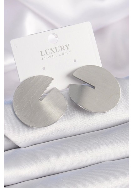 Bfs Pirinç Gümüş Renk Daire Plaka Model Kadın Küpe