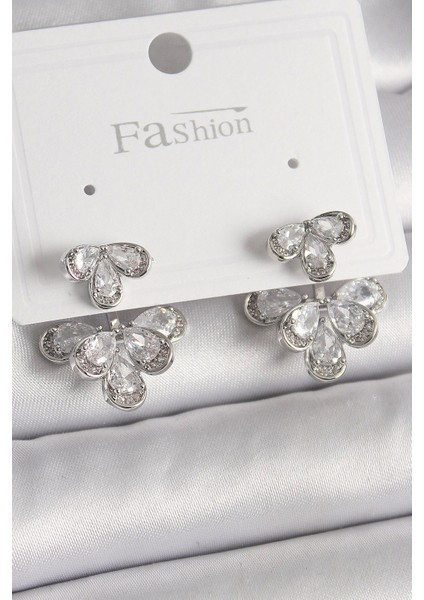 Bfs Pirinç Gümüş Renk Zirkon Taşlı Damla Model Kadın Küpe