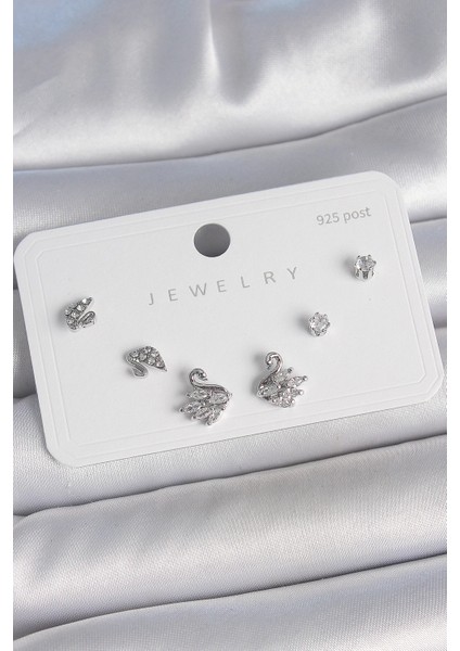 Bfs Pirinç Gümüş Renk Zirkon Taşlı Kuğu Model 925 Ayar Gümüş Çivi Kadın Küpe Seti