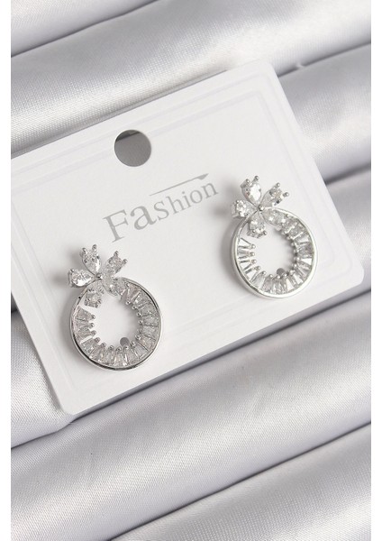 Bfs Pirinç Gümüş Renk Zirkon Taşlı Halka Model Çiçek Figür Kadın Küpe