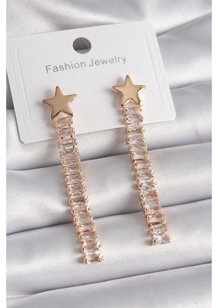 Bfs Pirinç Gold Renk Yıldız Model Su Yolu Zirkon Taşlı Kadın Küpe