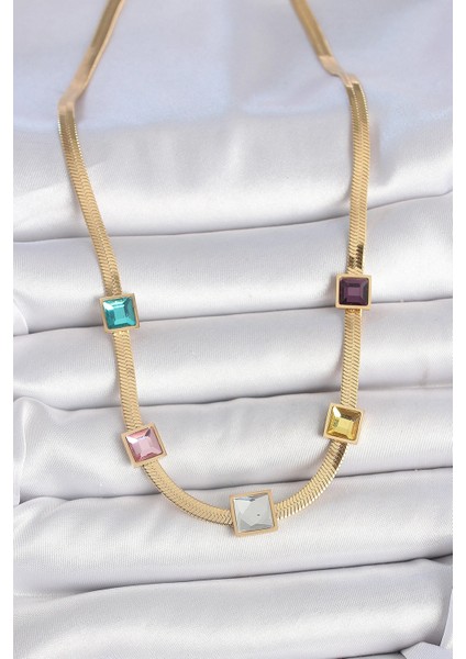 Bfs 316L Çelik Gold Renk Italyan Zincir Model Kare Renkli Zirkon Taşlı Kadın Kolye fiyatları