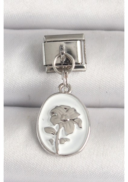 Bfs 316L Çelik Gümüş Renk Çiçek Işlemeli Beyaz Portre Model Nomination Charm