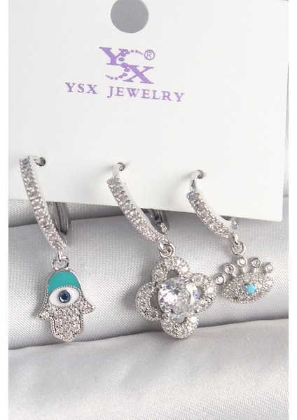 Bfs Pirinç Gümüş Renk Zirkon Taşlı Fatma Ana Yonca Figür Göz Detay 3'lü Kadın Kombin Küpe