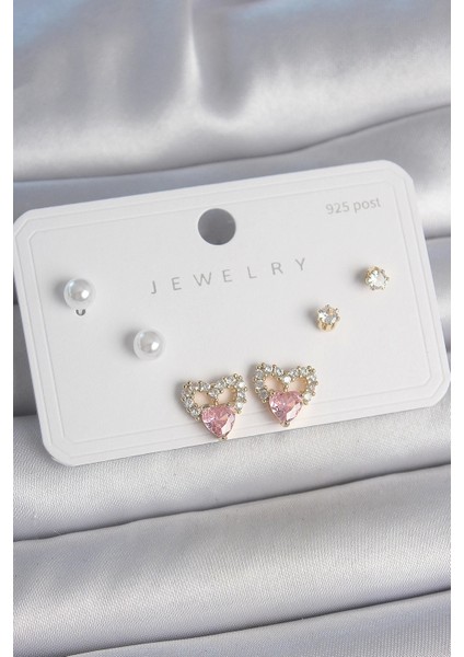 Bfs Pirinç Gold Renk Pembe Zirkon Taşlı Kalp Model Inci Detay 925 Ayar Kadın Küpe Seti