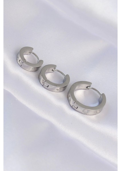 Bfs 316L Çelik Gümüş Renk Zirkon Taşlı Model 3lü Halka Küpe