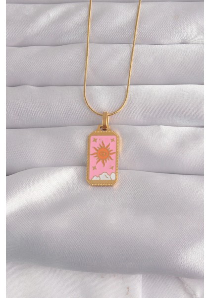 Bfs 316L Çelik Gold Renk Pembe Mineli Güneş Model Tarot Kolye