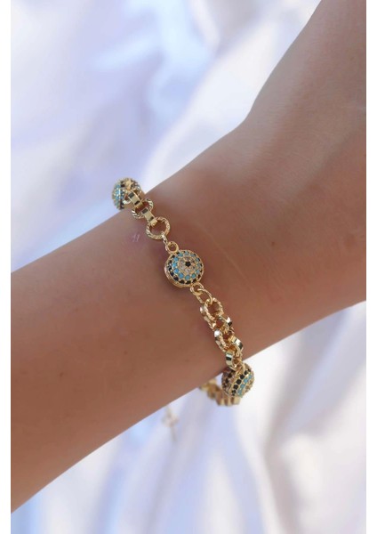 Bfs Pirinç Zincir Vip Seri Altın Renk Zirkon Taşlı Nazarlı Bileklik fiyatları