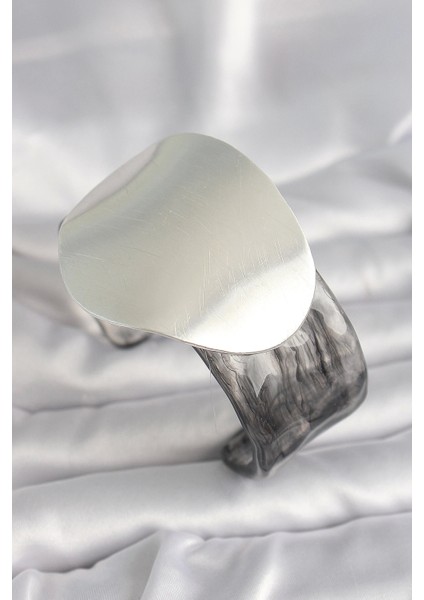 Bfs Siyah Mermer Desen Akrilik Pilastik Gümüş Plaka Model Vintage Kadın Bilezik