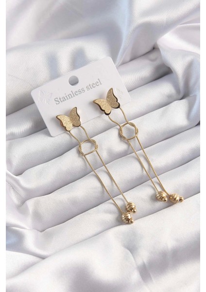 Bfs 316L Çelik Altın Renk Sallantılı Düğüm Model Kelebek Küpe