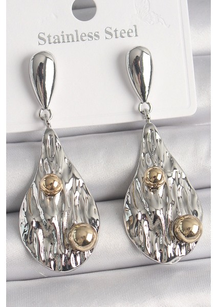 Bfs Pirinç Gümüş Renk Sallantı Damla Model Gold Topçuk Detay Kadın Küpe