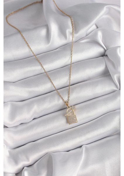 Bfs 316L Çelik Gold Renk Zincir Zirkon Taşlı Asma Kilit Anahtar Model Kadın Kolye fiyatları