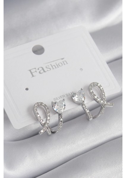 Bfs Pirinç Gümüş Renk Kalp Model Zirkon Taşlı Kadın Küpe