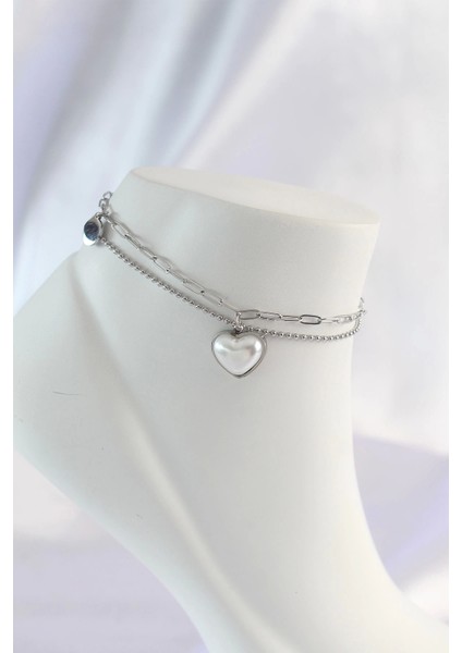 Bfs 316L Çelik Gümüş Renk Beyaz Kalpli 2li Halhal