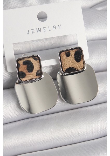 Bfs Pirinç Gümüş Renk Kare Plaka Leopar Desenli Kadın Küpe