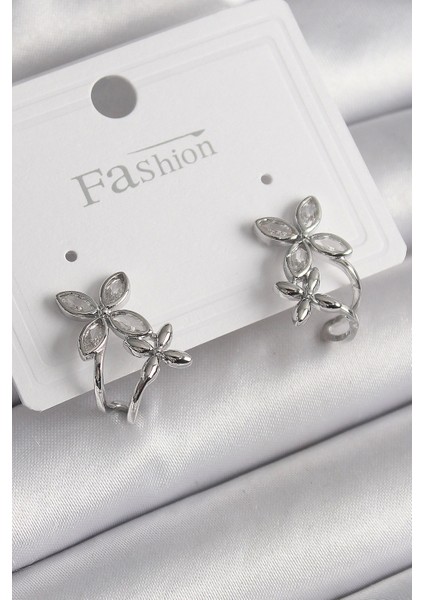 Bfs Pirinç Gümüş Renk Zirkon Taşlı 2'li Çiçek Model Kadın Küpe