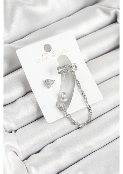 Bfs Pirinç Üçgen Figürlü Zirkon Taşlı Gümüş Renk 3'lü Kıkırdak Kadın Küpe Set