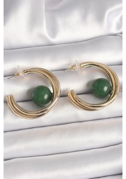 Bfs Pirinç Gold Renk Halka Model Yeşil Boncuk Detay Kadın Küpe