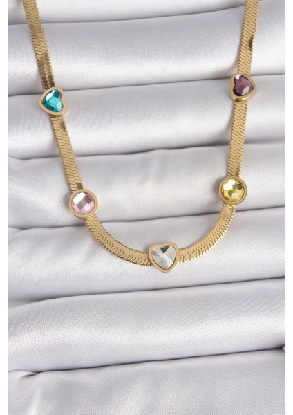 Bfs 316L Çelik Gold Renk Italyan Zincir Renkli Zirkon Taşlı Kalp Figür Kadın Kolye