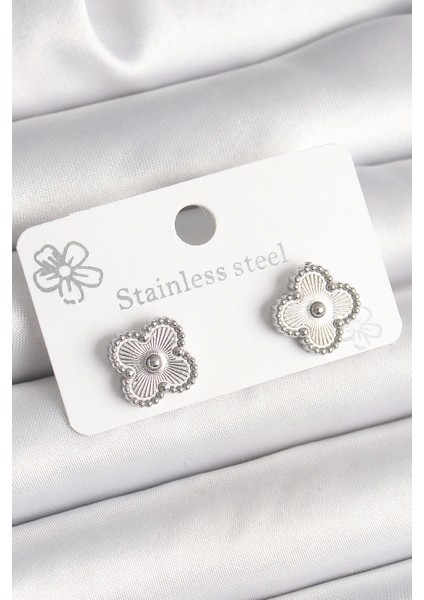 Bfs Pirinç Gümüş Renk Işlemeli Yonca Model Kadın Küpe