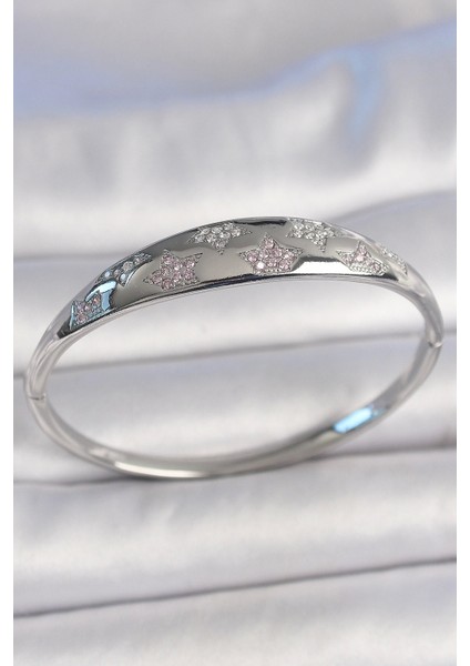 Bfs Pirinç Gümüş Renk Zirkon Taşlı Yıldız Işlemeli Kadın Kelepçe