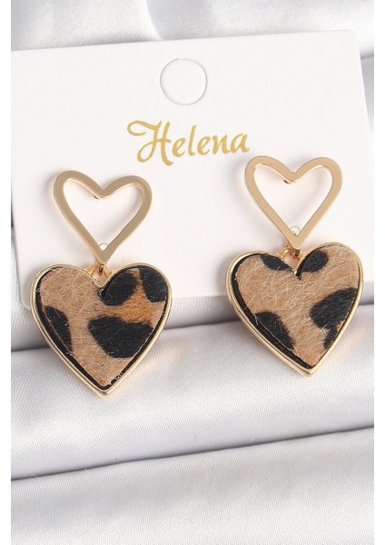 Bfs Pirinç Gold Renk Sallantı Leopar Kalp Model Kadın Küpe