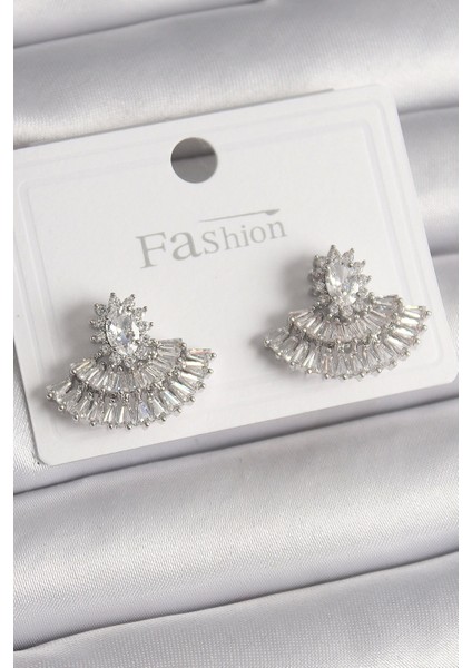 Bfs Pirinç Gümüş Renk Zirkon Taşlı Yelpaze Model Kadın Küpe