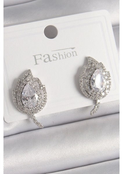 Bfs Pirinç Gümüş Renk Zirkon Taşlı Yaprak Model Kadın Küpe